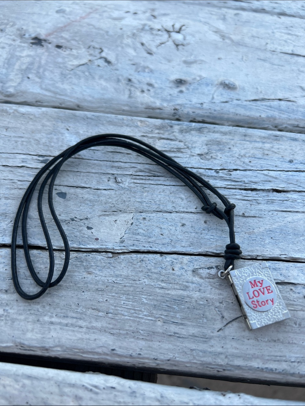 Leather Cord Necklace with 'My Love Story' Pendant - Black